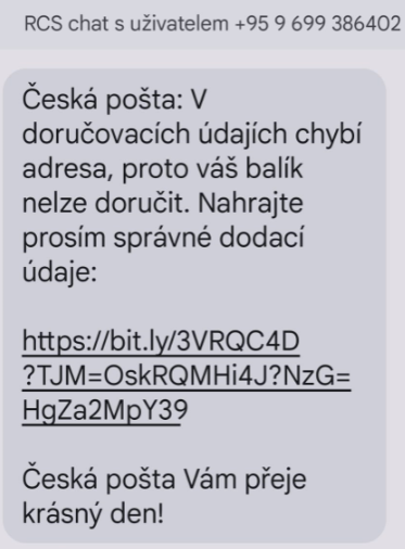 Příklad podvodné SMS zprávy od České pošty.