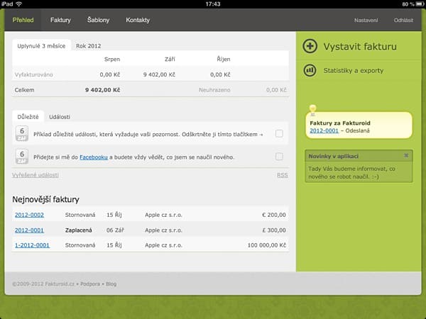 Fakturoid samostatná web aplikace pro iPad