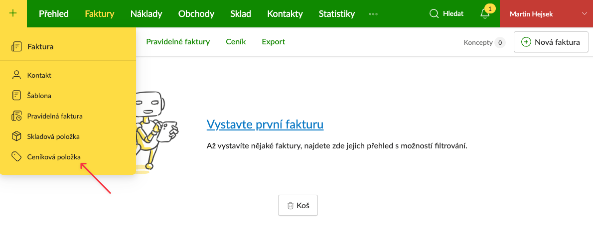 Ceník v aplikaci.