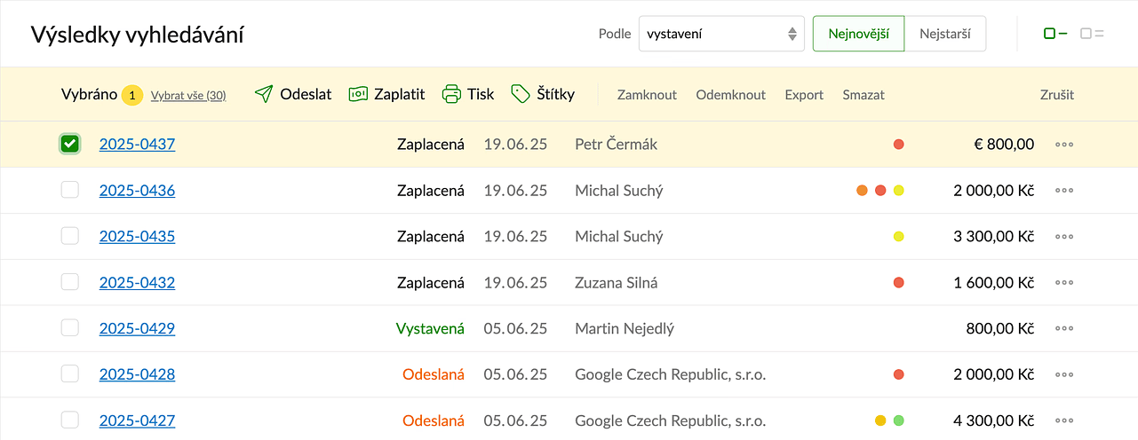 Hromadné akce nad výsledky vyhledávání.