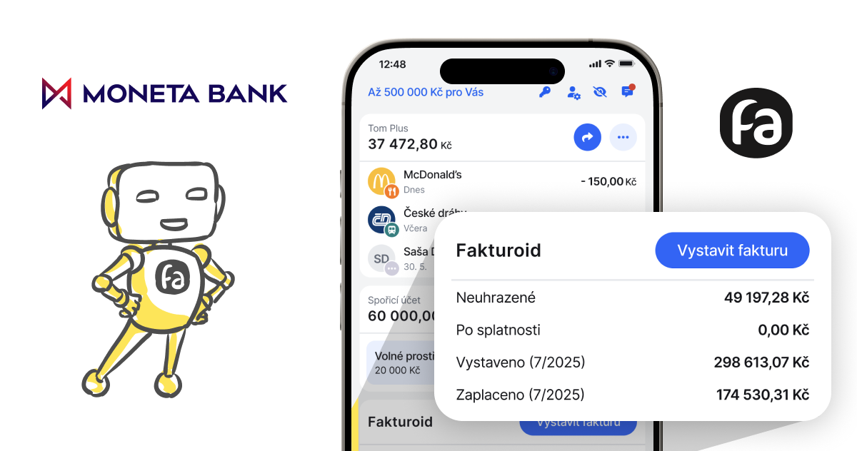 Fakturoid oznamuje spolupráci s Monetou (náhled obrazovky v bankovnictví)