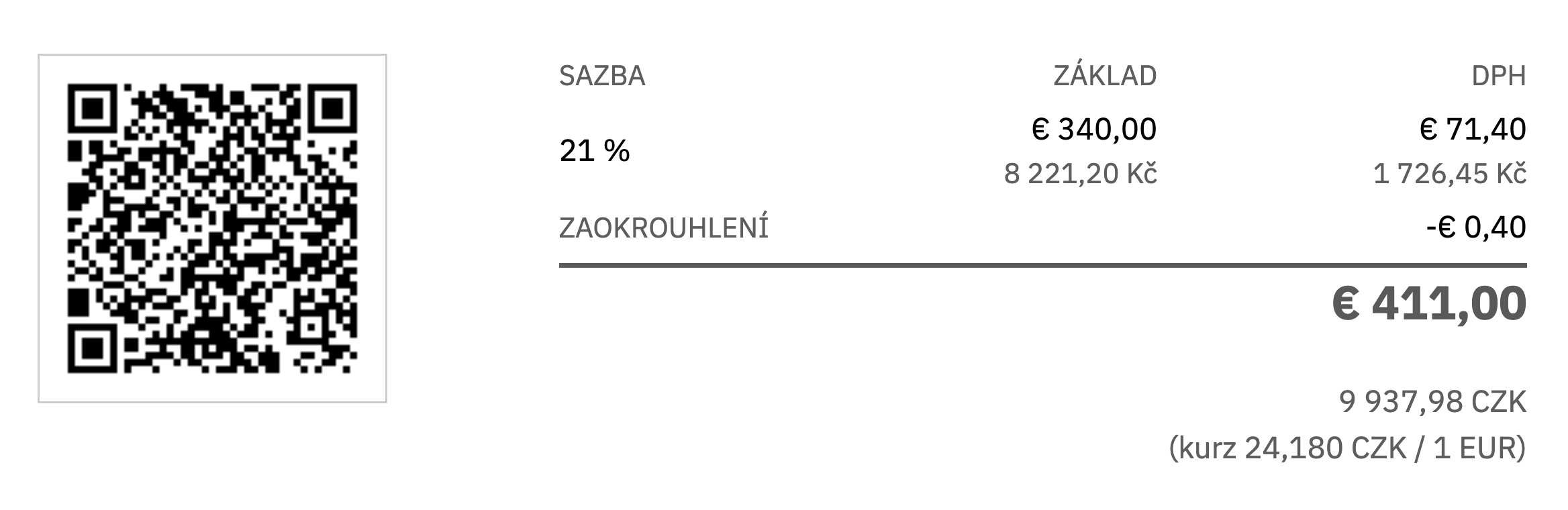 Náhled obrazovky v aplikaci – na faktury pro slovenské odběratele jsme přidali QR kód.