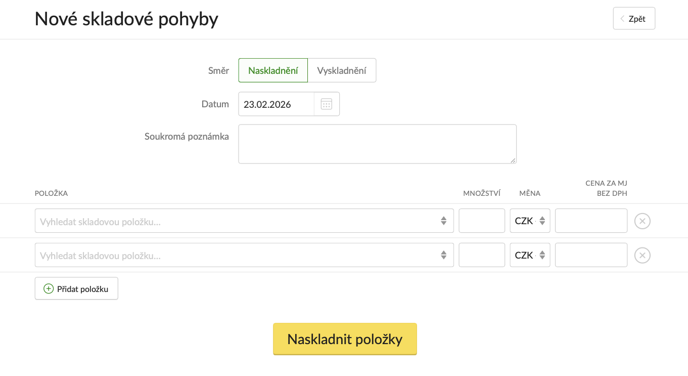 Náhled obrazovky – hromadné pohyby ve skladu.