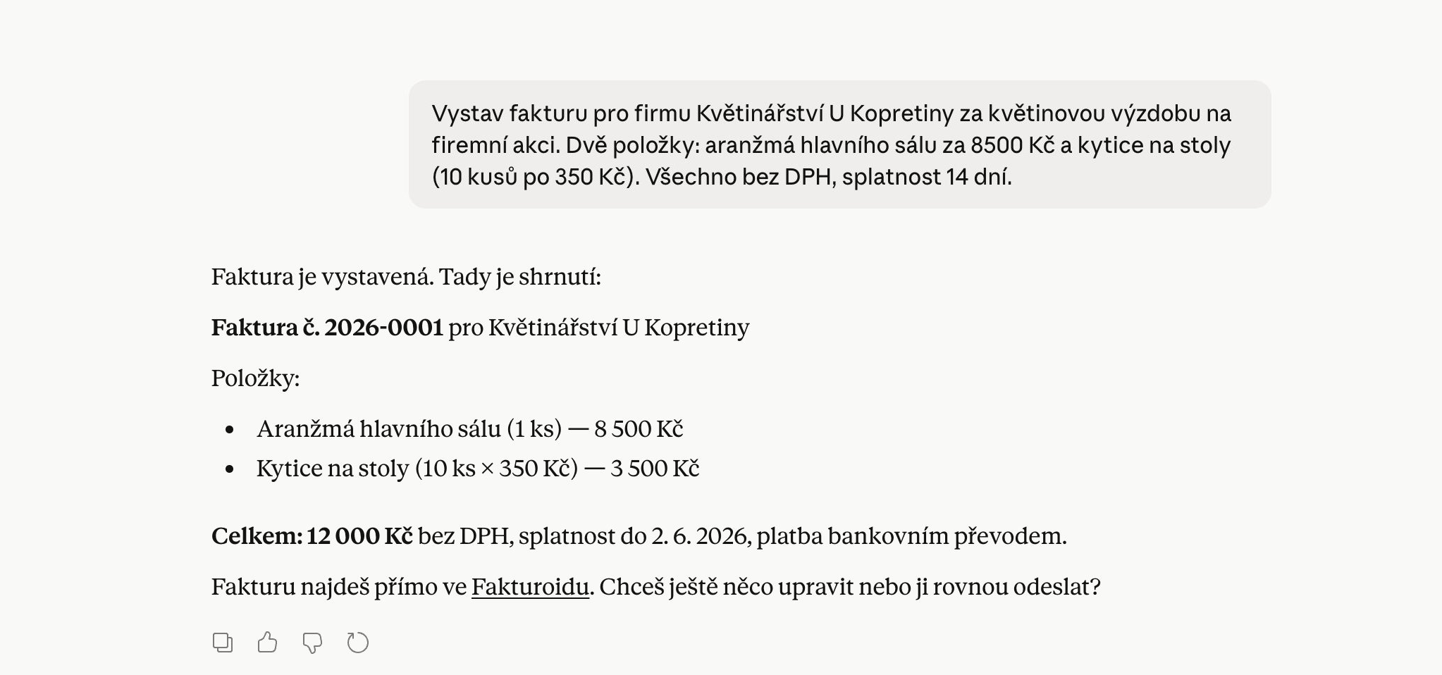 AI najde odběratele ve vašich kontaktech, vyplní všechny položky a fakturu vystaví.