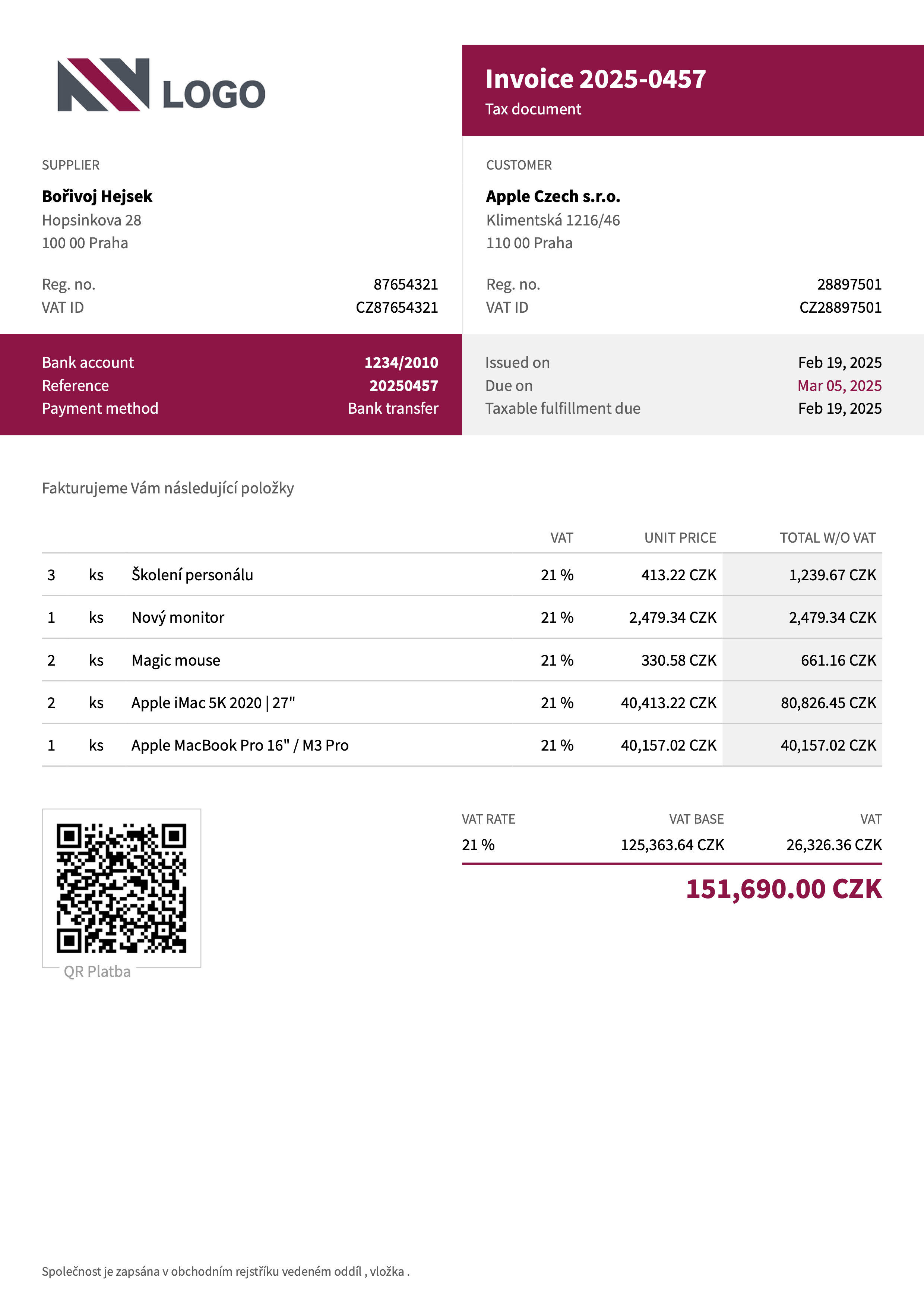Fakturoid - Orion invoice template