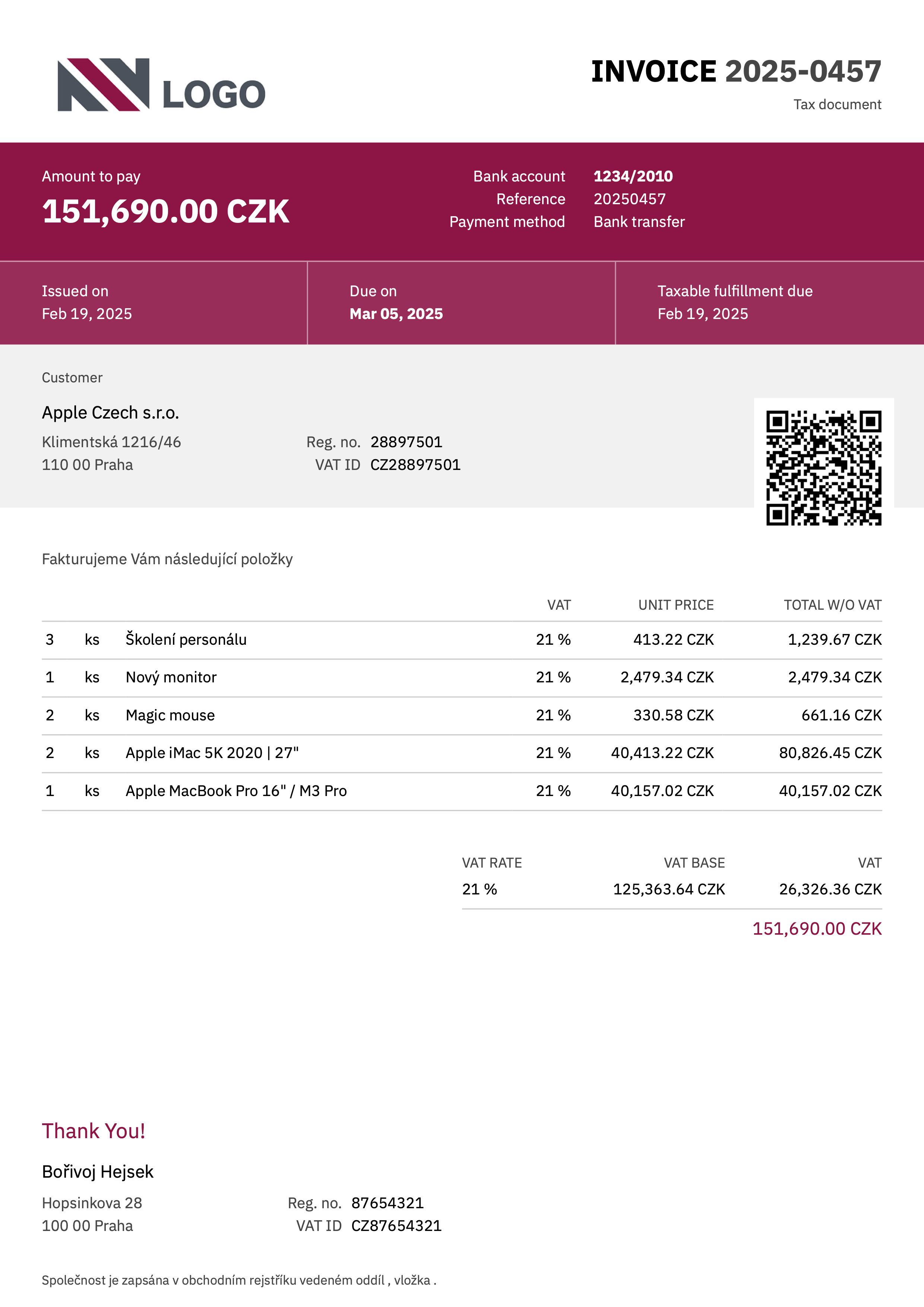Fakturoid - Vega invoice template