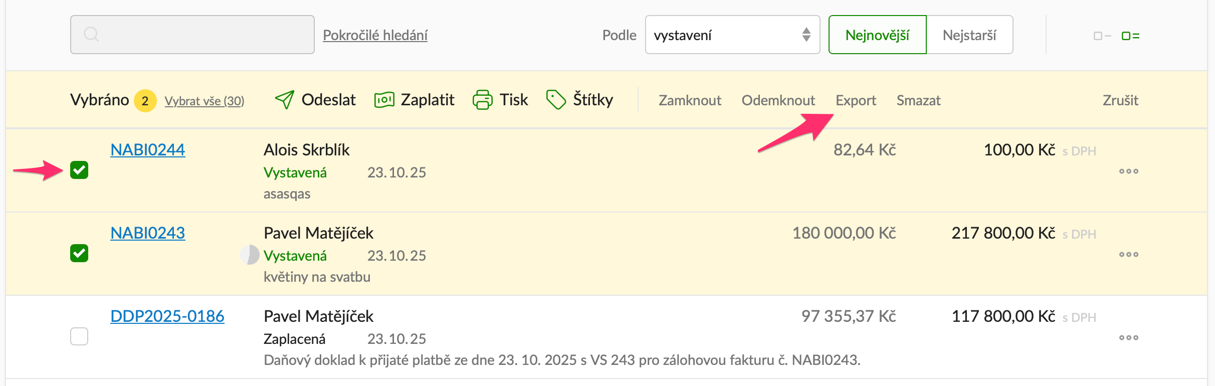 Hromadné akce - export