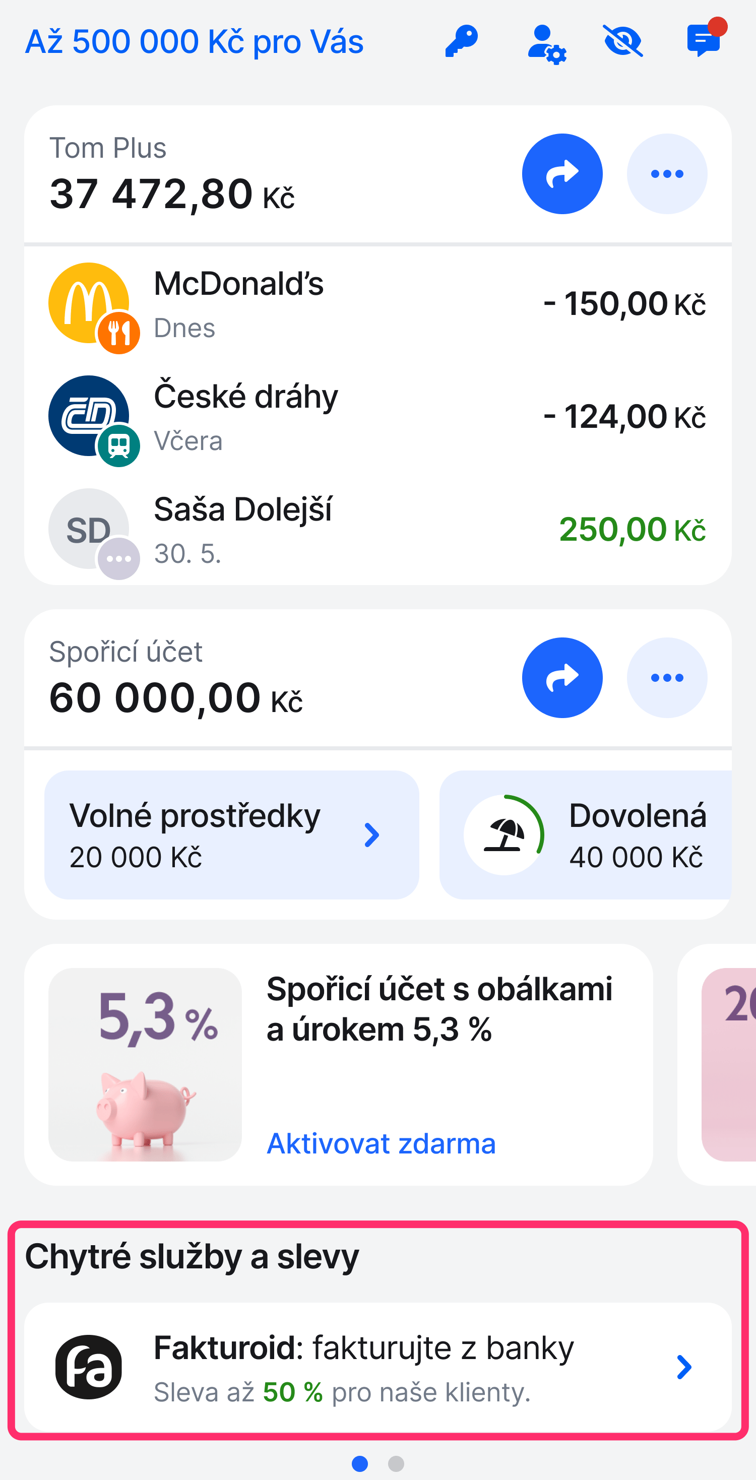 Úvodní obrazovka Smart Banky