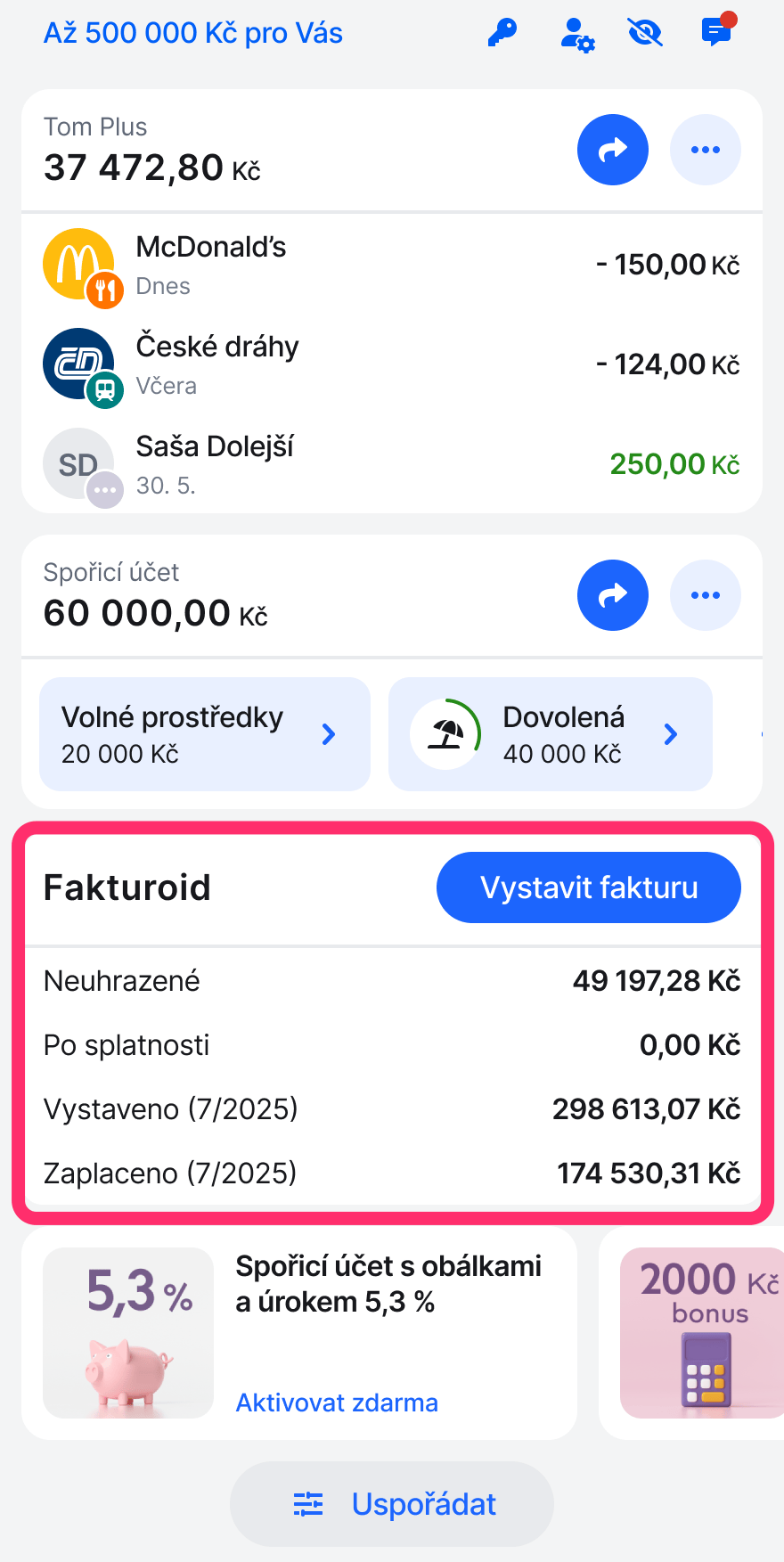 Přehled z Fakturoidu ve Smart Bance