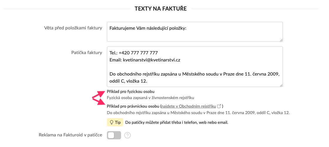 Patička faktury