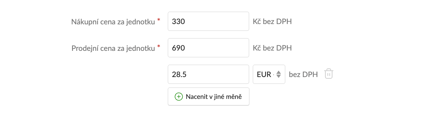 Prodejní cena položky v různých měnách