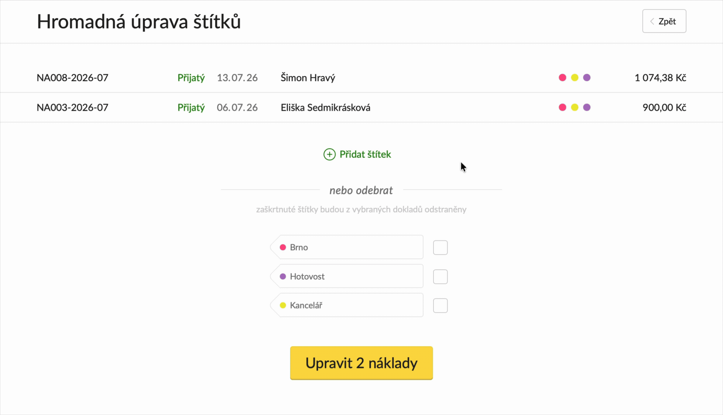 Hromadná úprava štítků na více dokladech